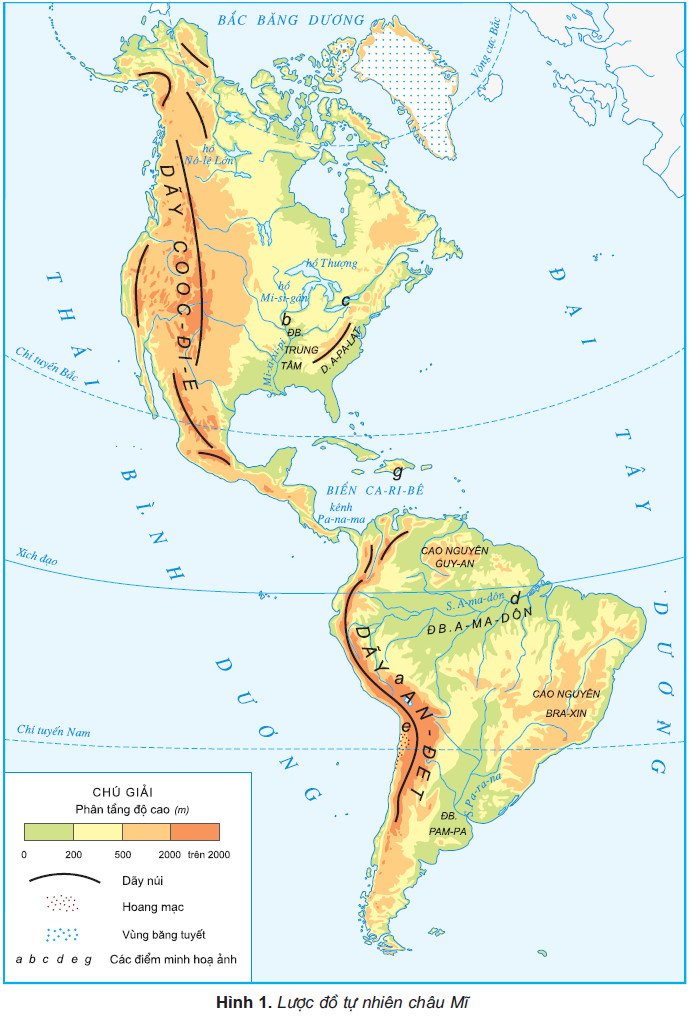 Bản đồ châu Mỹ thể hiện các đại dương tiếp giáp, trong đó Mỹ Latinh giáp Thái Bình Dương và Đại Tây Dương