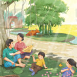 Bức tranh đồng quê yên bình với những người đang nghỉ ngơi dưới bóng cây cổ thụ vào buổi trưa hè.