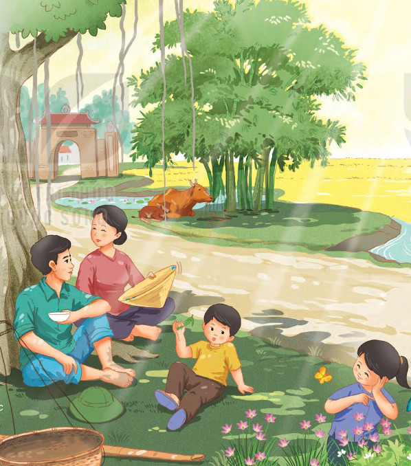 Bức tranh đồng quê yên bình với những người đang nghỉ ngơi dưới bóng cây cổ thụ vào buổi trưa hè.