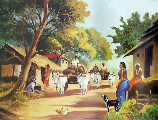Cảnh làng quê yên bình với những cánh đồng lúa xanh mướt và hàng cây xanh bao quanh, cuộc sống thanh bình cách xa thành phố 50km.