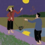 Cô gái tát nước dưới trăng vàng, gợi nhớ đến vẻ đẹp thanh bình của làng quê Việt Nam.