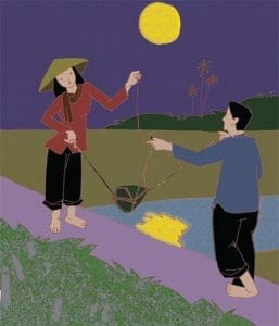 Cô gái tát nước dưới trăng vàng, gợi nhớ đến vẻ đẹp thanh bình của làng quê Việt Nam.