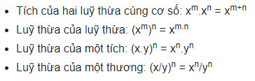 Công thức lũy thừa của số hữu tỉ, bao gồm (x/y)^n = x^n / y^n, x^0 = 1