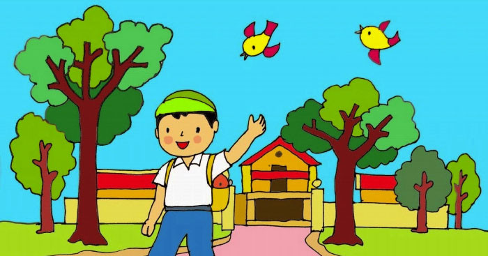 Sân trường đầy nắng, học sinh vui vẻ trò chuyện trong giờ ra chơi.