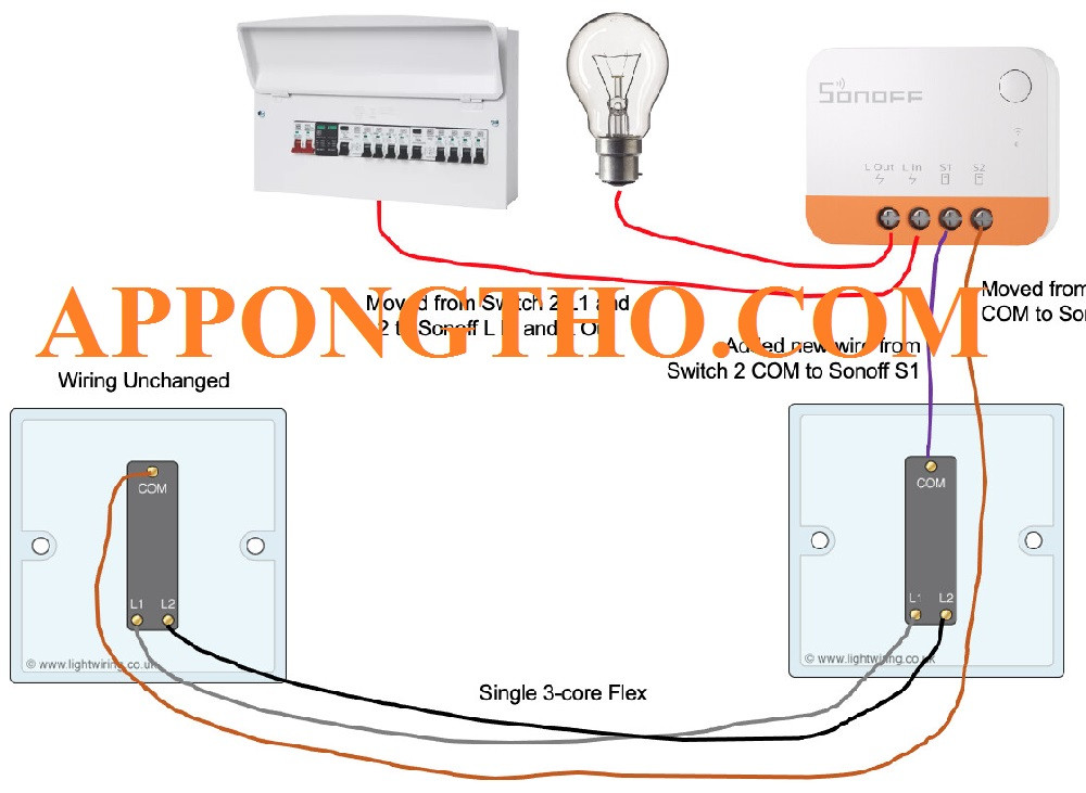Sơ đồ mạch điện 1 cầu chì, 2 công tắc 2 cực điều khiển 2 bóng đèn, minh họa kết nối dây nóng, dây nguội và các thiết bị bảo vệ